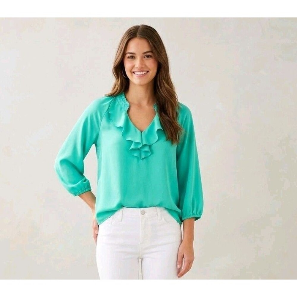 Lilly Pulitzer Green Ruffle Neck Blouse Womes SZ S Mint Emerald Long Sleeve Top